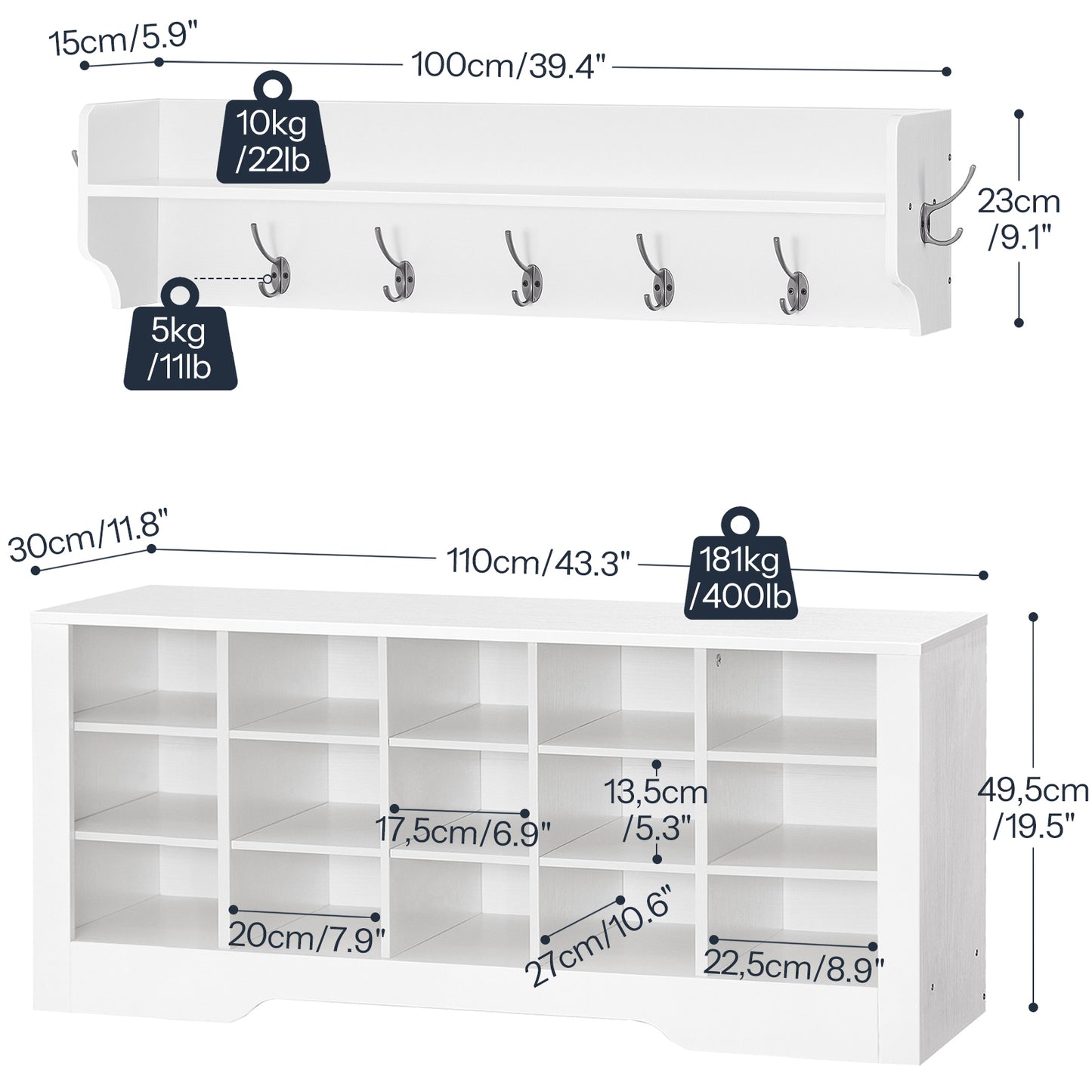 HOOBRO Coat Rack Shoe Bench Set, 43.3 Inches Entryway Bench with Coat Rack, Hall Tree with Shoe Bench, Coat Rack with Shoe Storage, 15 Cubbies, Mud Room Bench, for Entryway