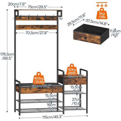 HOOBRO Hall Tree, Entryway Bench with Coat Rack, Shoe and Coat Rack for Entryway, Hall Tree Coat Rack, with PU Cushioned Seat, Non-Woven Fabric Drawer, for Entrance