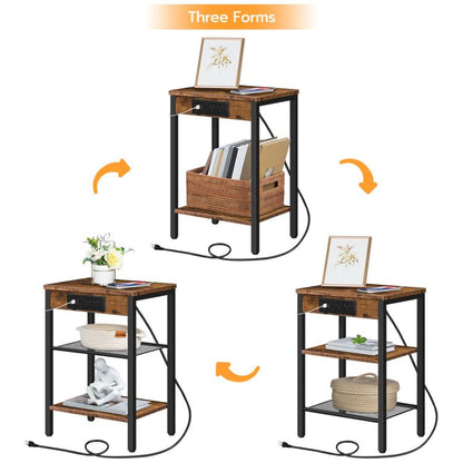 HOOBRO End Table with Charging Station and USB Ports, 3-Tier Nightstand with Adjustable Shelf, Narrow Side Table for Small Space in Living Room