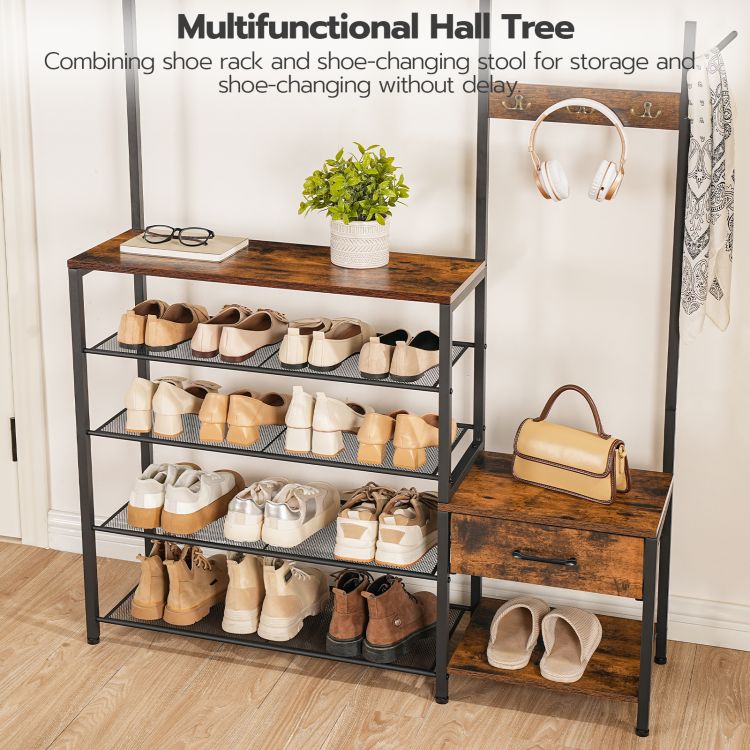 HOOBRO Hall Tree, Entryway Coat Rack Shoe Bench, Shoe and Coat Rack for Entryway, Hall Tree Coat Rack, with Non-Woven Fabric Drawer, for Entrance, Foyer