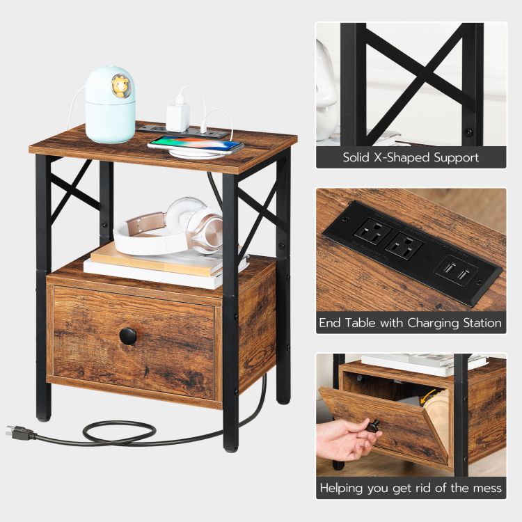 HOOBRO Nightstand with Charging Station, End Table with Drawer, USB Ports and Power Outlets, Farmhouse Nightstand Bedside Table for Bedroom, Space Saving