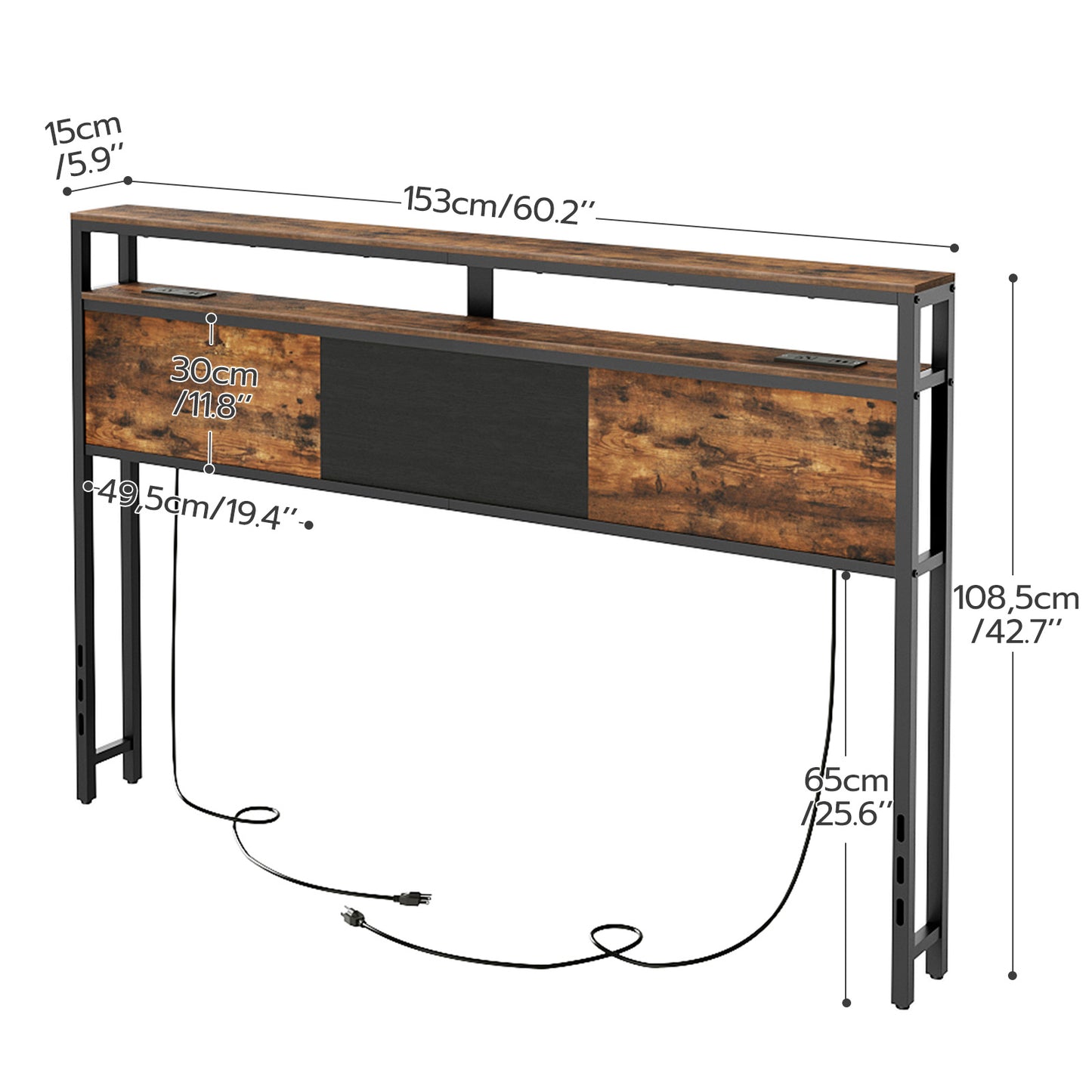 HOOBRO Industrial Style Headboard, LED Headboard with 2 Storage Shelves, Storage Rack with 2 Outlets and 4 USB Ports, Adjustable Height, Sturdy and Stable, Easy Assembly