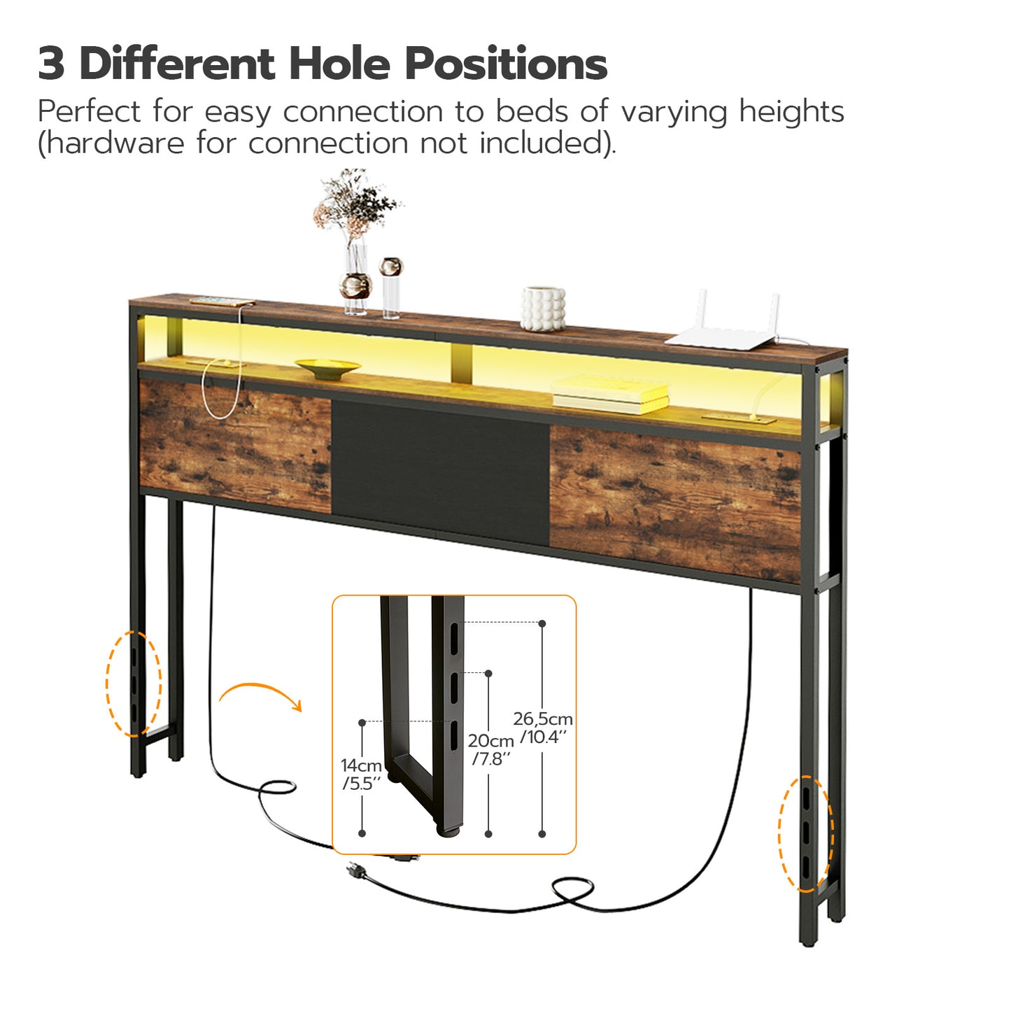 HOOBRO Industrial Style Headboard, LED Headboard with 2 Storage Shelves, Storage Rack with 2 Outlets and 4 USB Ports, Adjustable Height, Sturdy and Stable, Easy Assembly