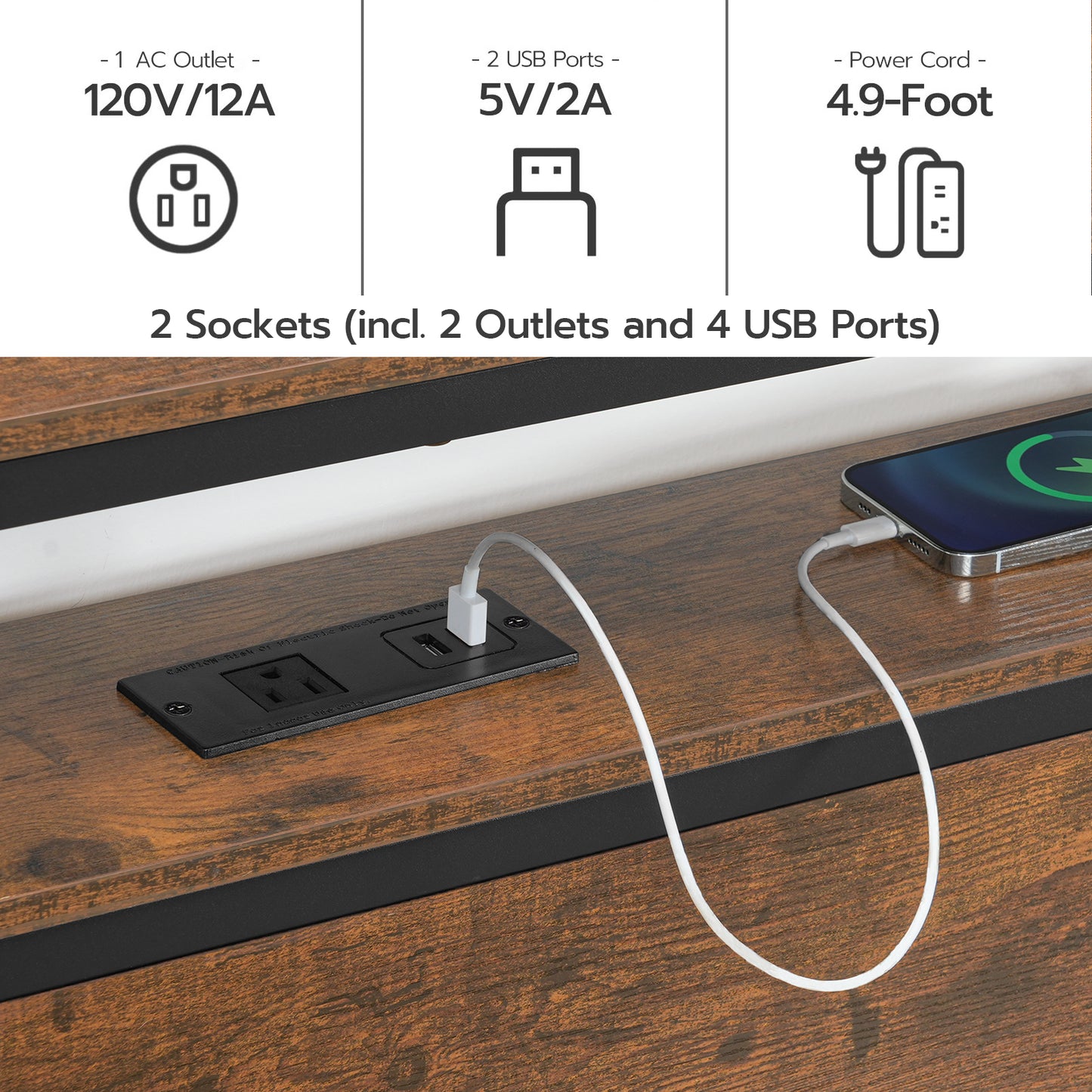 HOOBRO Industrial Style Headboard, LED Headboard with 2 Storage Shelves, Storage Rack with 2 Outlets and 4 USB Ports, Adjustable Height, Sturdy and Stable, Easy Assembly