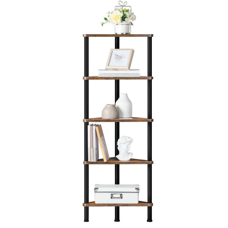 HOOBRO Corner Shelf, Industrial 5-Tier Wall Corner Bookshelf with Metal Frame, Corner Shelf Stand Display Plant Flower, Corner Bookcase for Small Spaces, Bedroom, Living Room