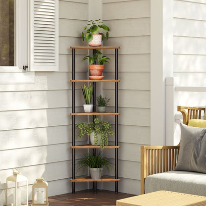 HOOBRO Corner Shelf, Industrial 5-Tier Wall Corner Bookshelf with Metal Frame, Corner Shelf Stand Display Plant Flower, Corner Bookcase for Small Spaces, Bedroom, Living Room