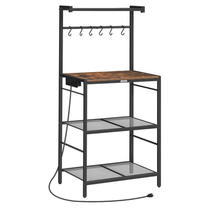 MAHANCRIS Bakers Rack with Charging Station, Microwave Stand with 6 S-Shaped Hooks, 4-Tier Storage Rack, Practical Coffee Bar, for Kitchen, Dining Room