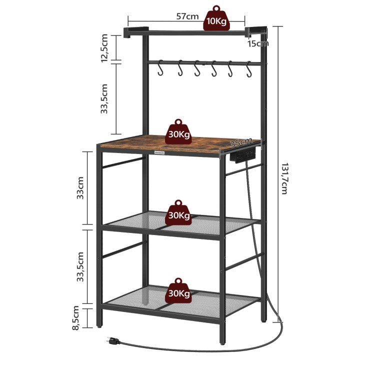 MAHANCRIS Bakers Rack with Charging Station, Microwave Stand with 6 S-Shaped Hooks, 4-Tier Storage Rack, Practical Coffee Bar, for Kitchen, Dining Room