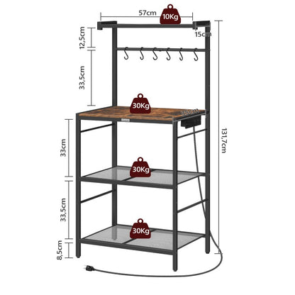 MAHANCRIS Bakers Rack with Charging Station, Microwave Stand with 6 S-Shaped Hooks, 4-Tier Storage Rack, Practical Coffee Bar, for Kitchen, Dining Room