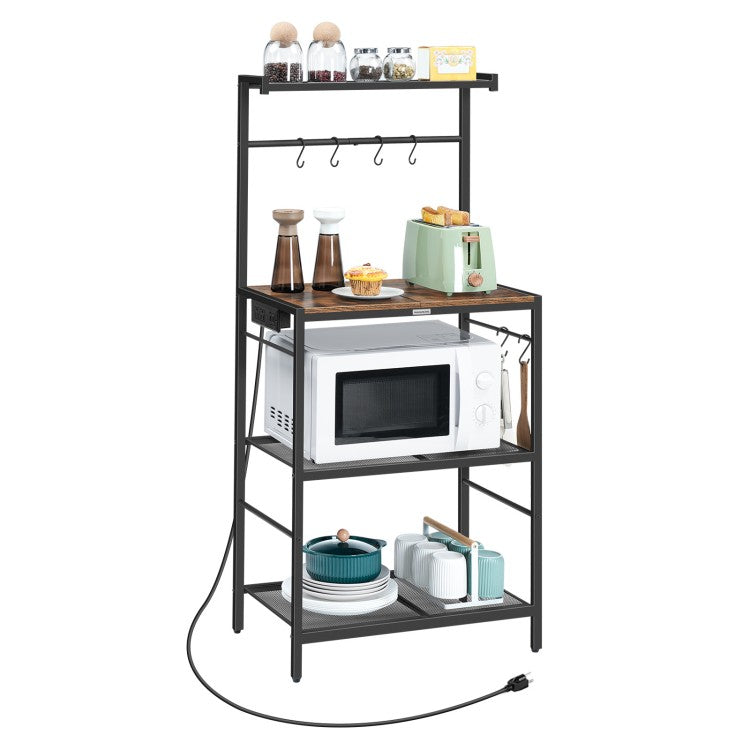 MAHANCRIS Bakers Rack with Charging Station, Microwave Stand with 6 S-Shaped Hooks, 4-Tier Storage Rack, Practical Coffee Bar, for Kitchen, Dining Room