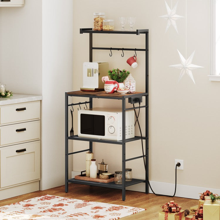 MAHANCRIS Bakers Rack with Charging Station, Microwave Stand with 6 S-Shaped Hooks, 4-Tier Storage Rack, Practical Coffee Bar, for Kitchen, Dining Room