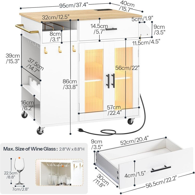 HOOBRO Kitchen Island with Power Outlet, Kitchen Island on Wheels, Rolling Kitchen Island Cart with Led Light, Large Worktop, Drawer, Open Shelves and Cup Holders