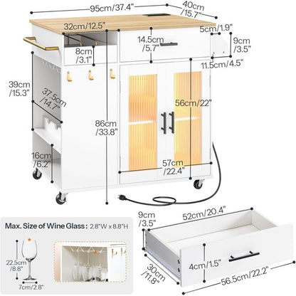 HOOBRO Kitchen Island with Power Outlet, Kitchen Island on Wheels, Rolling Kitchen Island Cart with Led Light, Large Worktop, Drawer, Open Shelves and Cup Holders