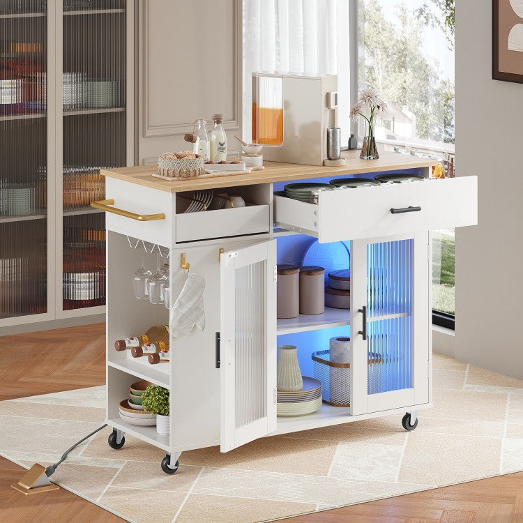 HOOBRO Kitchen Island with Power Outlet, Kitchen Island on Wheels, Rolling Kitchen Island Cart with Led Light, Large Worktop, Drawer, Open Shelves and Cup Holders