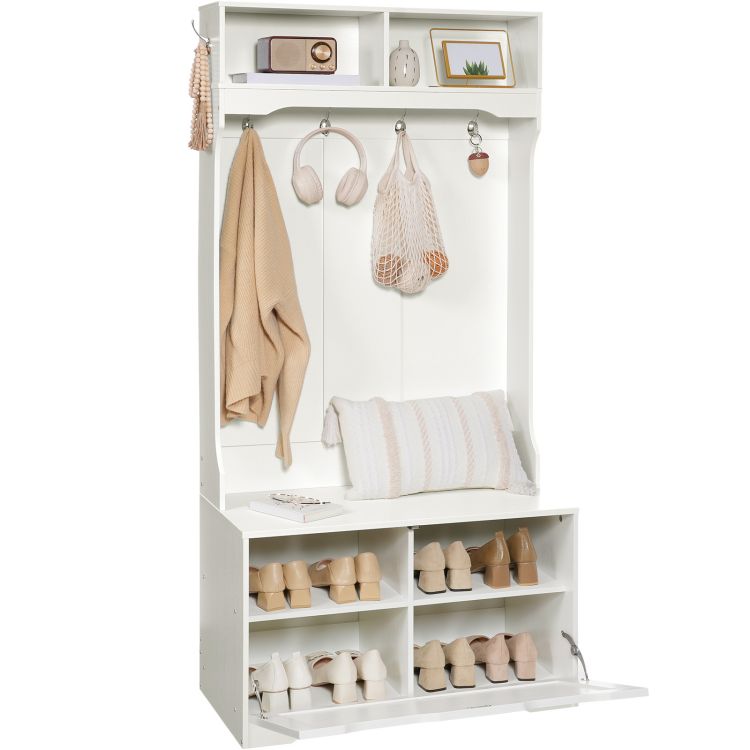 HOOBRO Hall Tree with Bench and Shoe Storage, Entryway Bench with Coat Rack and Shoe Cabinet, Flip-Down Cabinet Door, Coat Rack with Shoe Rack, Mud Room Bench with Storage and Seating