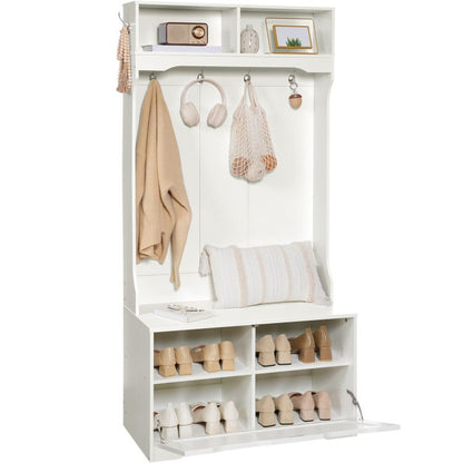 HOOBRO Hall Tree with Bench and Shoe Storage, Entryway Bench with Coat Rack and Shoe Cabinet, Flip-Down Cabinet Door, Coat Rack with Shoe Rack, Mud Room Bench with Storage and Seating