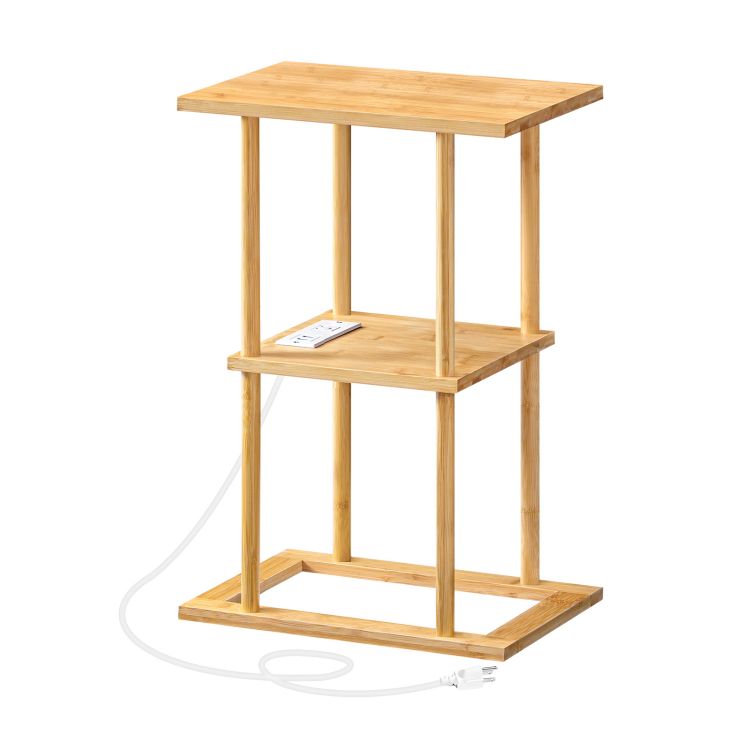 HOOBRO Bamboo Side Table with Charging Station, 2-Tier Small End Table with Storage Shelves, Bamboo Bedside Table, Easy Assembly, for Living Room, Bedroom, Office