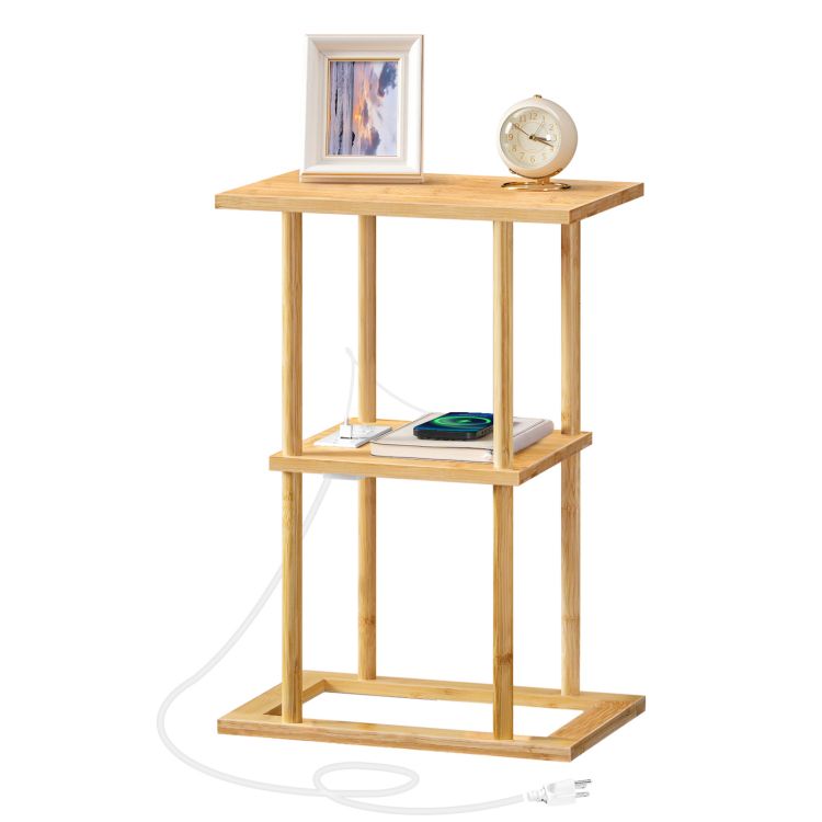 HOOBRO Bamboo Side Table with Charging Station, 2-Tier Small End Table with Storage Shelves, Bamboo Bedside Table, Easy Assembly, for Living Room, Bedroom, Office