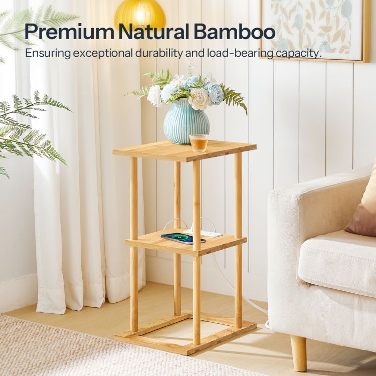 HOOBRO Bamboo Side Table with Charging Station, 2-Tier Small End Table with Storage Shelves, Bamboo Bedside Table, Easy Assembly, for Living Room, Bedroom, Office