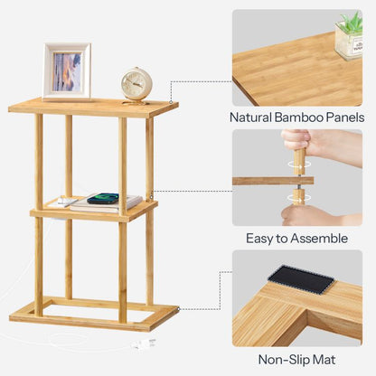 HOOBRO Bamboo Side Table with Charging Station, 2-Tier Small End Table with Storage Shelves, Bamboo Bedside Table, Easy Assembly, for Living Room, Bedroom, Office